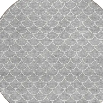 8' Gray And Ivory Round Geometric Washable Indoor Outdoor Area Rug