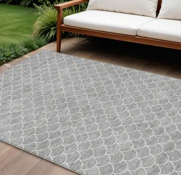 10' X 14' Gray And Ivory Geometric Washable Indoor Outdoor Area Rug