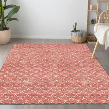 3' X 5' Salmon And Ivory Geometric Washable Indoor Outdoor Area Rug