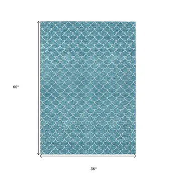 3' X 5' Teal Blue And Ivory Geometric Washable Indoor Outdoor Area Rug