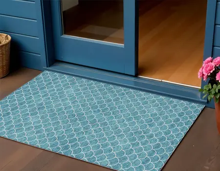 3' X 5' Teal Blue And Ivory Geometric Washable Indoor Outdoor Area Rug
