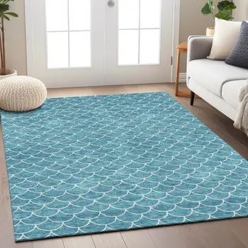 3' X 5' Teal Blue And Ivory Geometric Washable Indoor Outdoor Area Rug