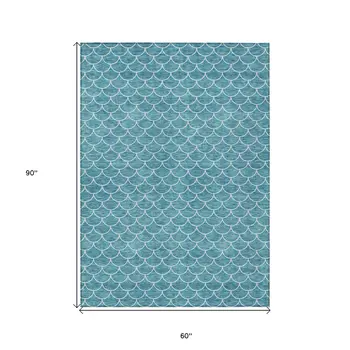 5' X 8' Teal Blue And Ivory Geometric Washable Indoor Outdoor Area Rug