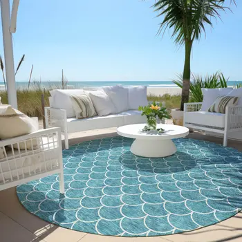 8' Teal Blue And Ivory Round Geometric Washable Indoor Outdoor Area Rug