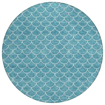 8' Teal Blue And Ivory Round Geometric Washable Indoor Outdoor Area Rug