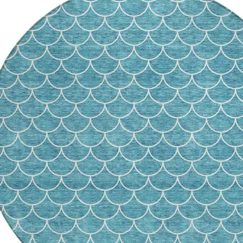 8' Teal Blue And Ivory Round Geometric Washable Indoor Outdoor Area Rug