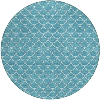 8' Teal Blue And Ivory Round Geometric Washable Indoor Outdoor Area Rug