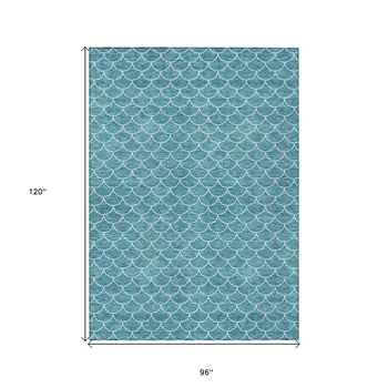 8' X 10' Teal Blue And Ivory Geometric Washable Indoor Outdoor Area Rug