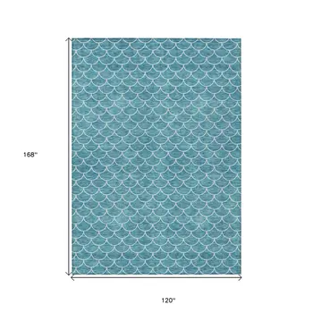 10' X 14' Teal Blue And Ivory Geometric Washable Indoor Outdoor Area Rug