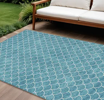 10' X 14' Teal Blue And Ivory Geometric Washable Indoor Outdoor Area Rug