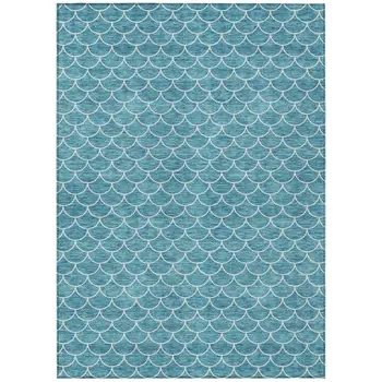 10' X 14' Teal Blue And Ivory Geometric Washable Indoor Outdoor Area Rug