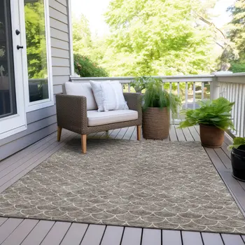 9' X 12' Taupe And Beige Geometric Washable Indoor Outdoor Area Rug