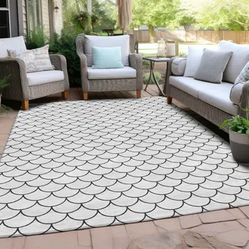 5' X 8' White And Black Geometric Washable Indoor Outdoor Area Rug