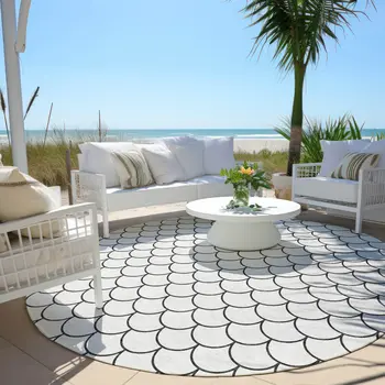 8' White And Black Round Geometric Washable Indoor Outdoor Area Rug