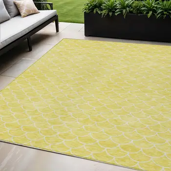 5' X 8' Yellow And Ivory Geometric Washable Indoor Outdoor Area Rug