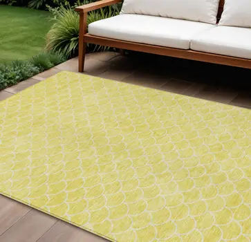 9' X 12' Yellow And Ivory Geometric Washable Indoor Outdoor Area Rug