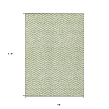 9' X 12' Artichoke Green And Ivory Chevron Washable Indoor Outdoor Area Rug