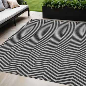 5' X 8' Black And Ivory Chevron Washable Indoor Outdoor Area Rug