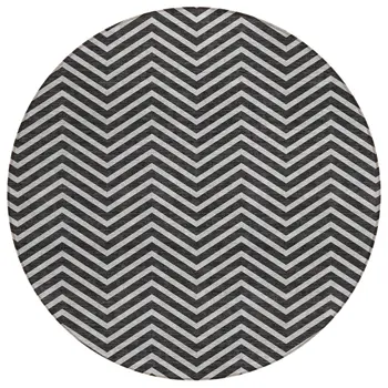 8' Black And Ivory Round Chevron Washable Indoor Outdoor Area Rug