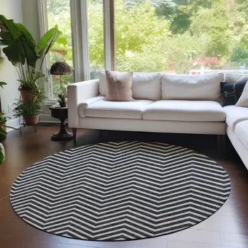 8' Black And Ivory Round Chevron Washable Indoor Outdoor Area Rug