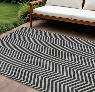 8' X 10' Black And Ivory Chevron Washable Indoor Outdoor Area Rug