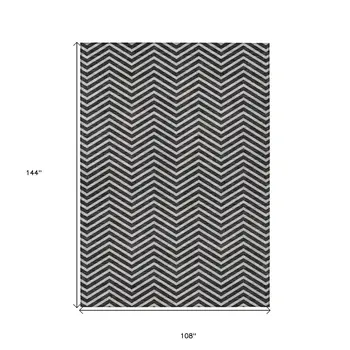 9' X 12' Black And Ivory Chevron Washable Indoor Outdoor Area Rug