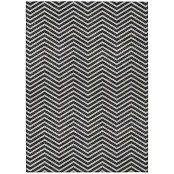 9' X 12' Black And Ivory Chevron Washable Indoor Outdoor Area Rug