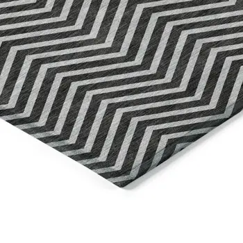 9' X 12' Black And Ivory Chevron Washable Indoor Outdoor Area Rug