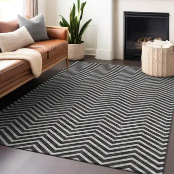 9' X 12' Black And Ivory Chevron Washable Indoor Outdoor Area Rug
