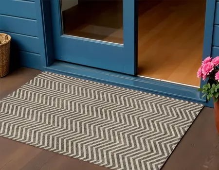 3' X 5' Brown And Beige Chevron Washable Indoor Outdoor Area Rug