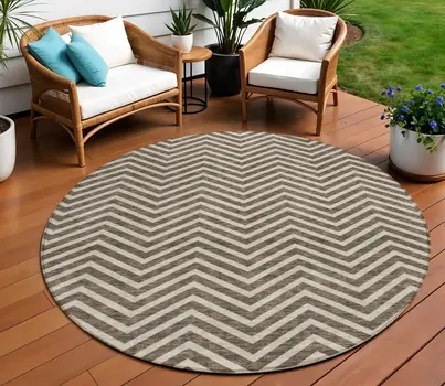 8' Brown And Beige Round Chevron Washable Indoor Outdoor Area Rug