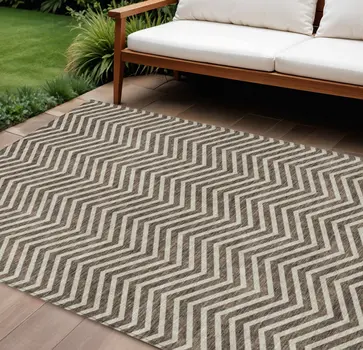 9' X 12' Brown And Beige Chevron Washable Indoor Outdoor Area Rug