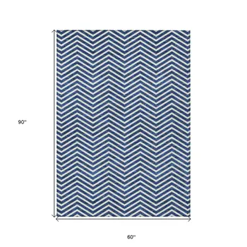 5' X 8' Blue And Ivory Chevron Washable Indoor Outdoor Area Rug