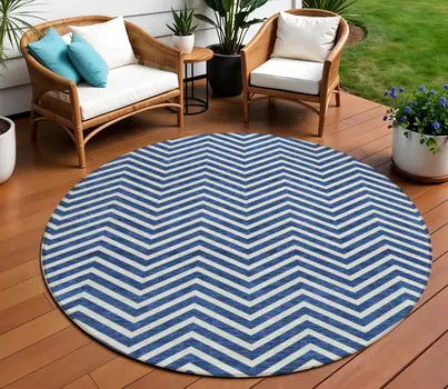 8' Blue And Ivory Round Chevron Washable Indoor Outdoor Area Rug