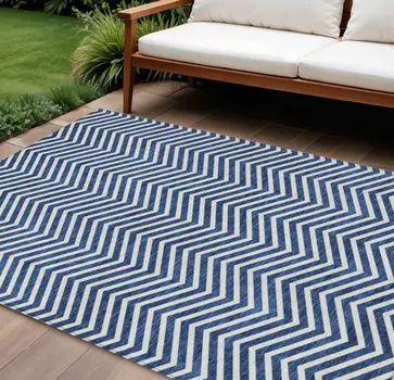 9' X 12' Blue And Ivory Chevron Washable Indoor Outdoor Area Rug