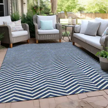 10' X 14' Blue And Ivory Chevron Washable Indoor Outdoor Area Rug