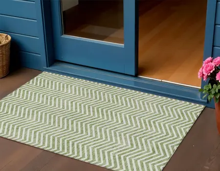 3' X 5' Green And Ivory Chevron Washable Indoor Outdoor Area Rug