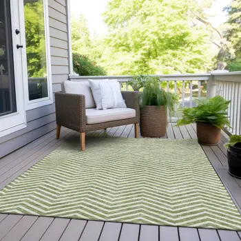 3' X 5' Green And Ivory Chevron Washable Indoor Outdoor Area Rug