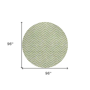 8' Green And Ivory Round Chevron Washable Indoor Outdoor Area Rug