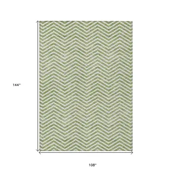 9' X 12' Green And Ivory Chevron Washable Indoor Outdoor Area Rug