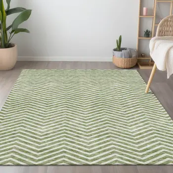 9' X 12' Green And Ivory Chevron Washable Indoor Outdoor Area Rug