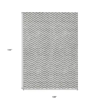 9' X 12' Gray And Ivory Chevron Washable Indoor Outdoor Area Rug