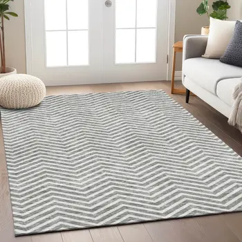 10' X 14' Gray And Ivory Chevron Washable Indoor Outdoor Area Rug