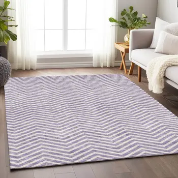 5' X 8' Lilac And Ivory Chevron Washable Indoor Outdoor Area Rug