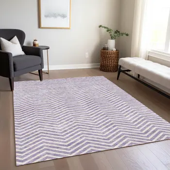 9' X 12' Lilac And Ivory Chevron Washable Indoor Outdoor Area Rug