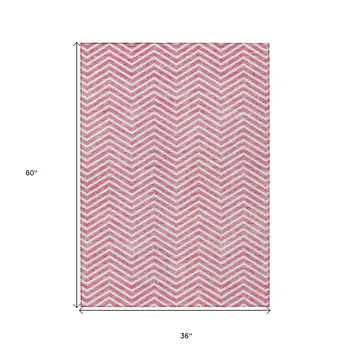 3' X 5' Pink And Ivory Chevron Washable Indoor Outdoor Area Rug