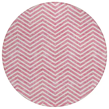 8' Pink And Ivory Round Chevron Washable Indoor Outdoor Area Rug