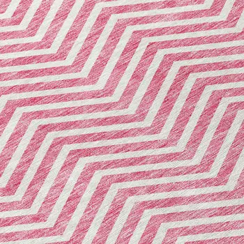 8' Pink And Ivory Round Chevron Washable Indoor Outdoor Area Rug