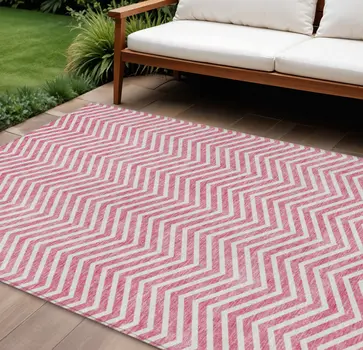 9' X 12' Pink And Ivory Chevron Washable Indoor Outdoor Area Rug