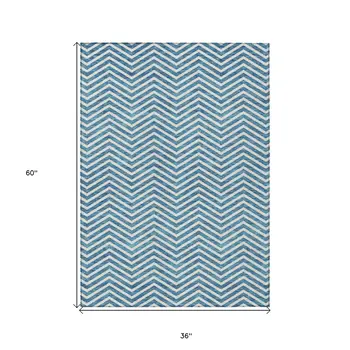 3' X 5' Teal Blue And Ivory Chevron Washable Indoor Outdoor Area Rug